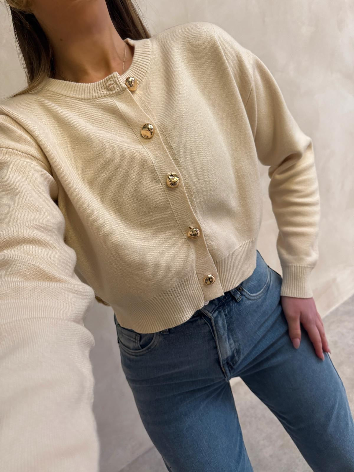 Gold button cropped cardigan - cream