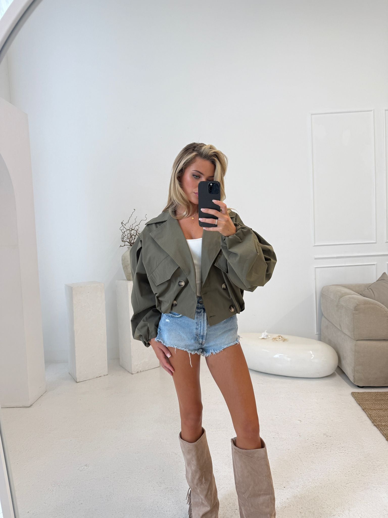 Balloon arm crop jacket - Khaki