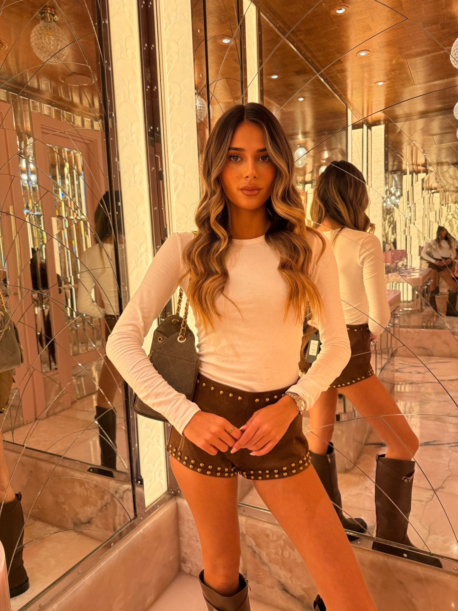Suede stud shorts - tan