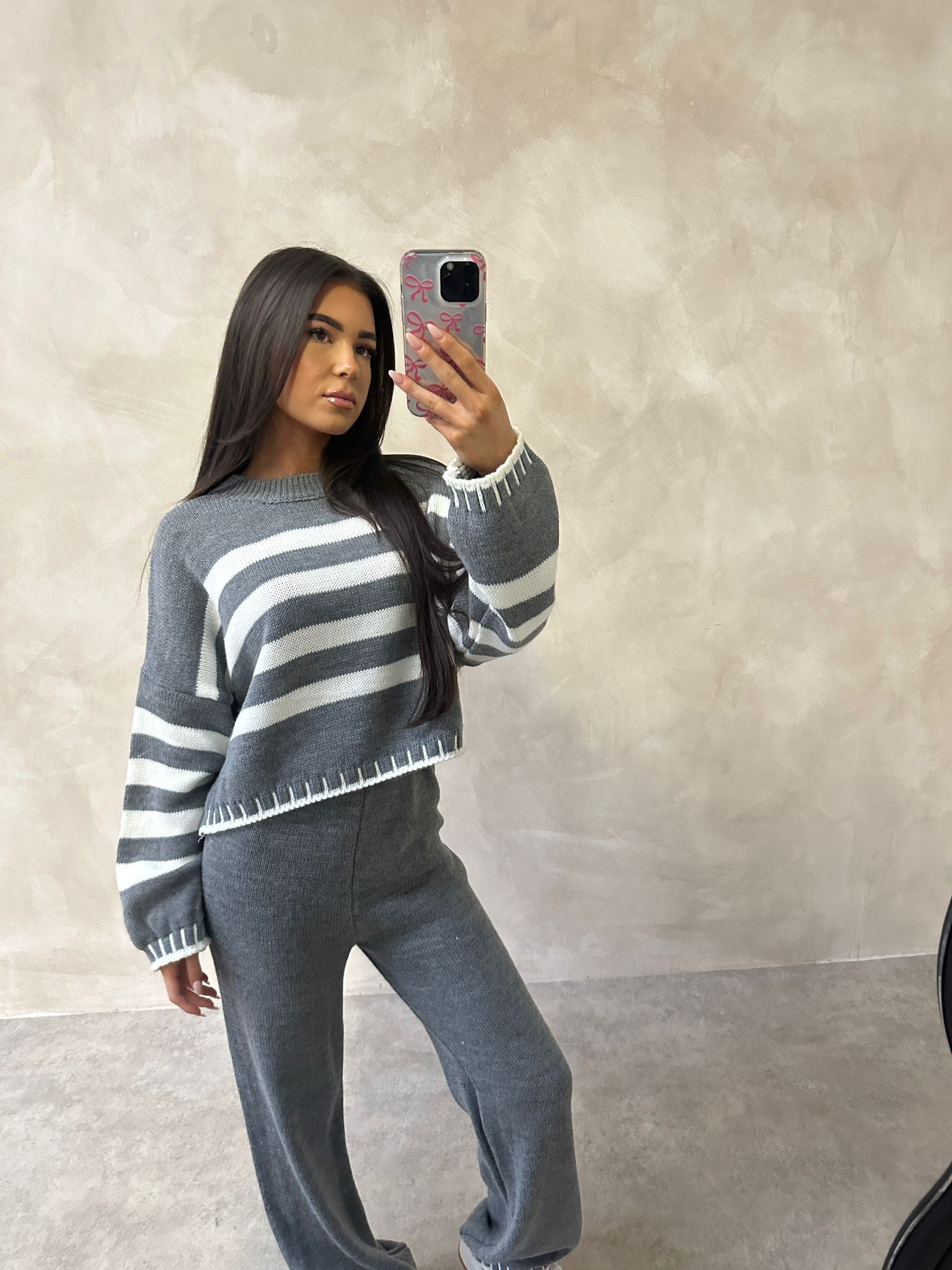 Knit stripe crop lounge set - grey