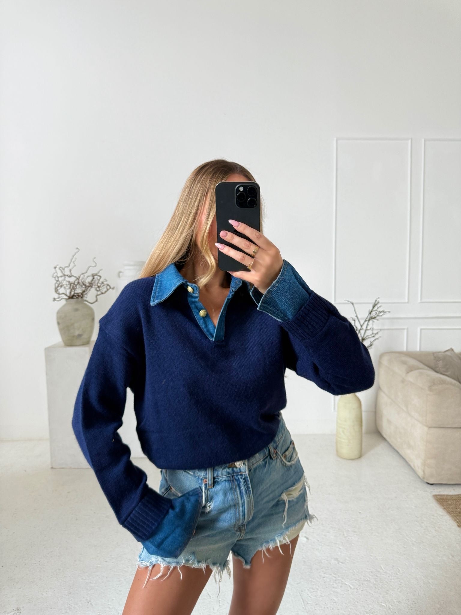 Denim Collar Knit Top - Navy