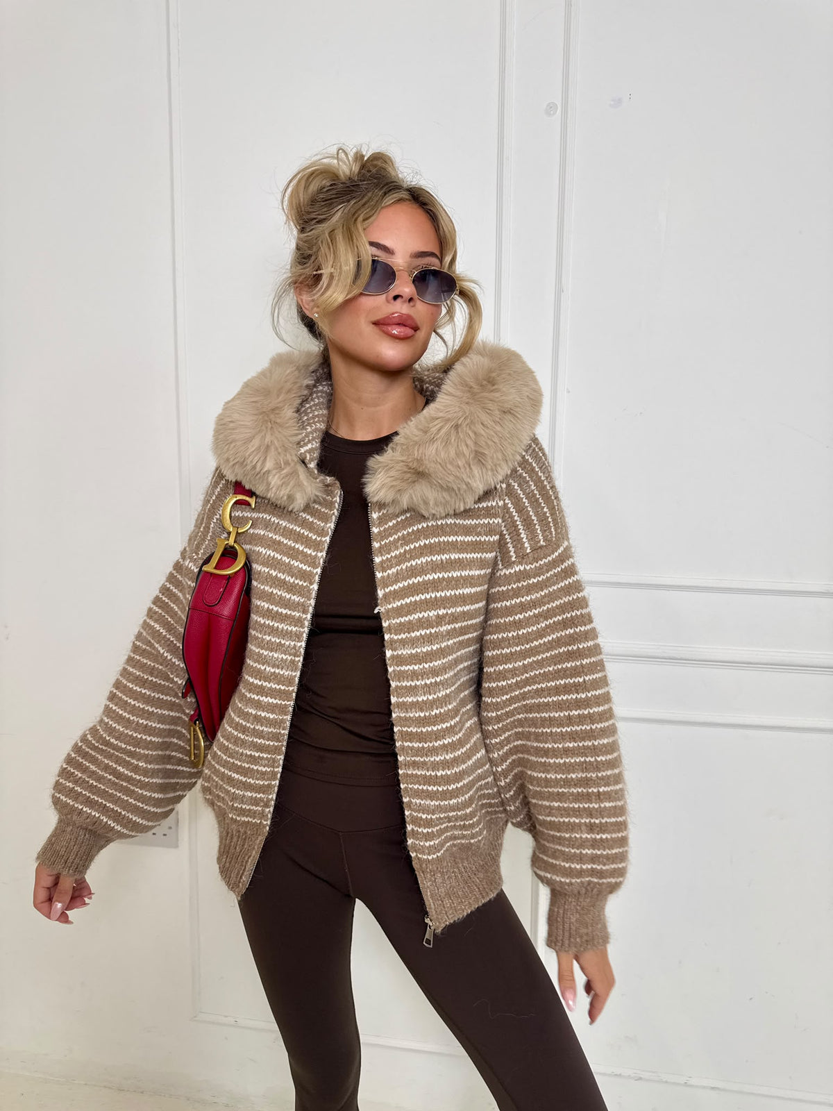 Stripe faux fur cardigan - beige