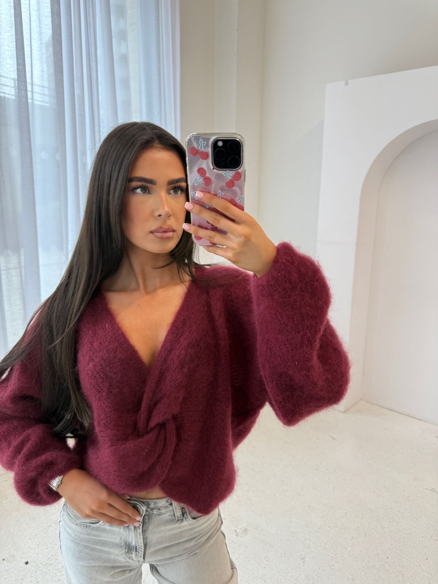 Knit tie over jumper - wine