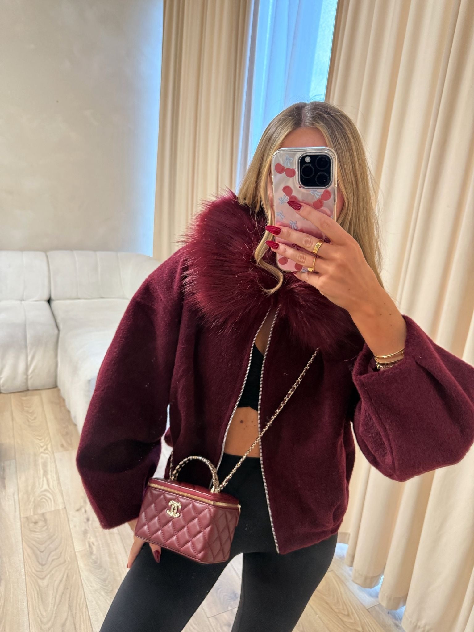 FIFI fur collar jacket - wine