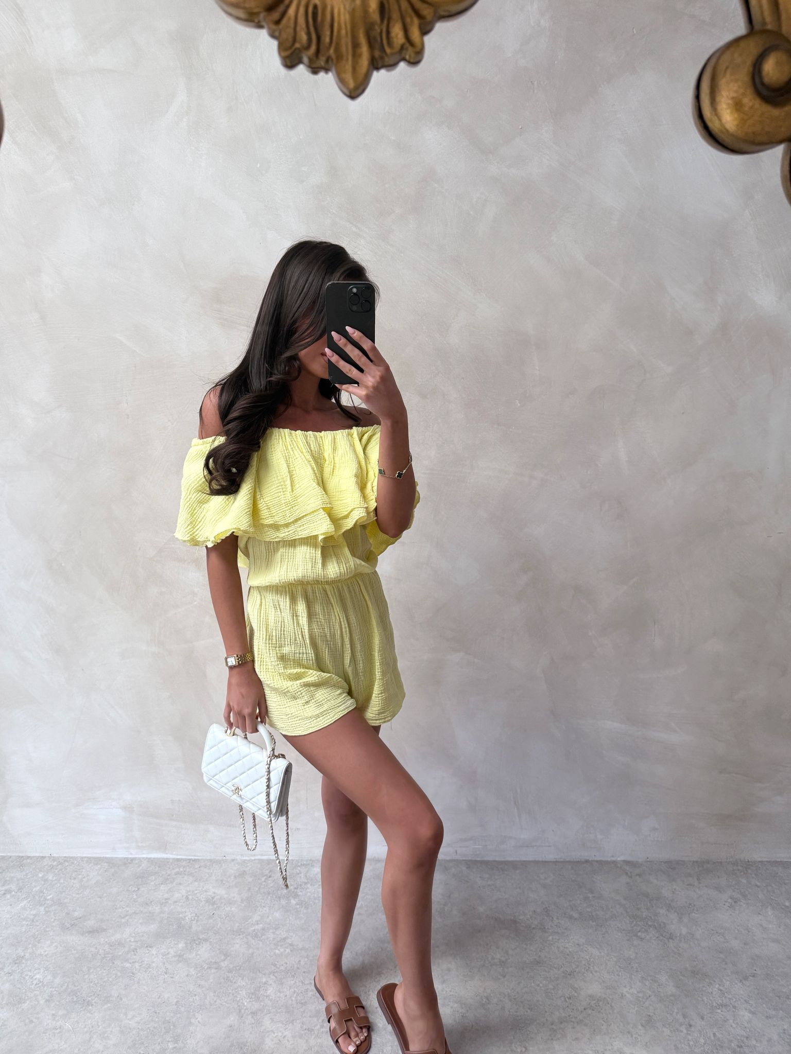 Off shoulder cheesecloth playsuit - yellow