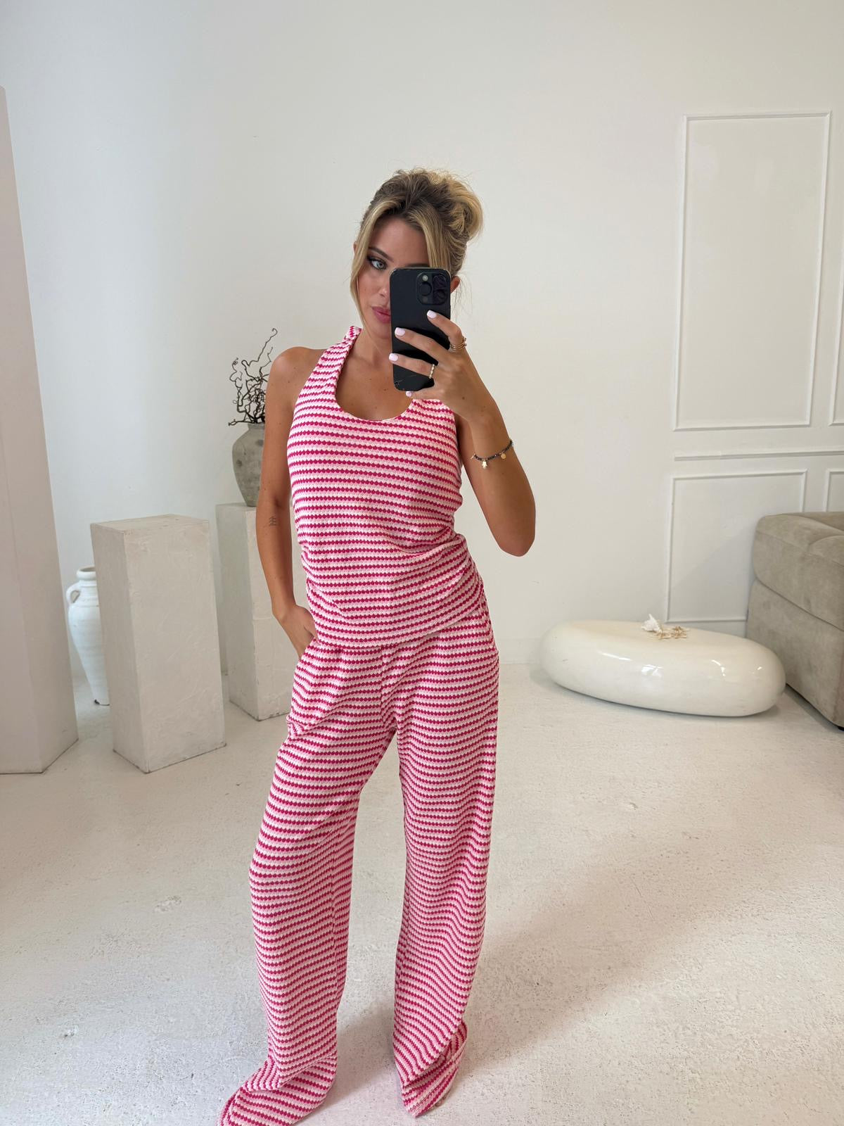 Halterneck stripe lounge set - pink