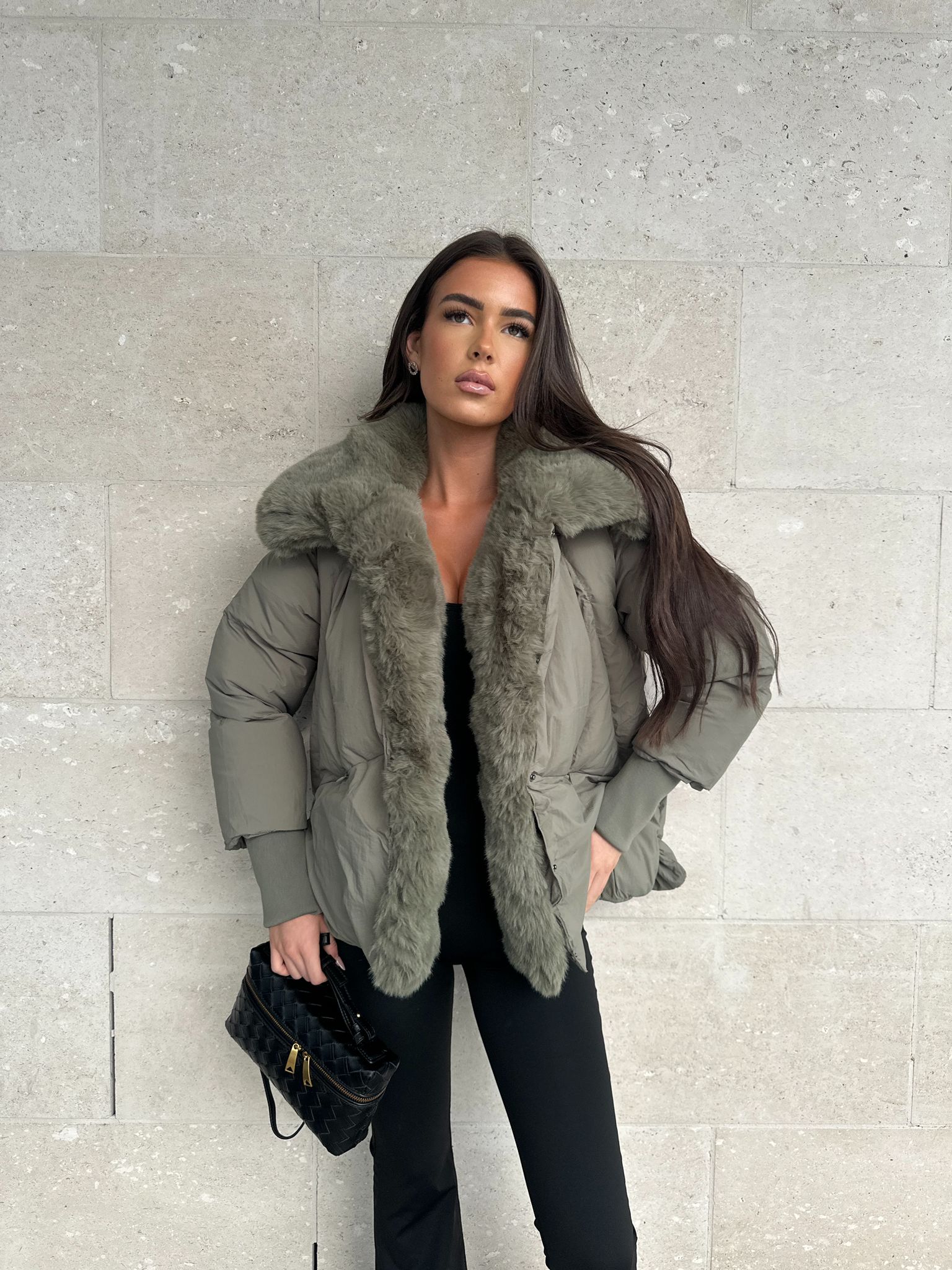 Faux Fur Collar Puffa Coat - Khaki