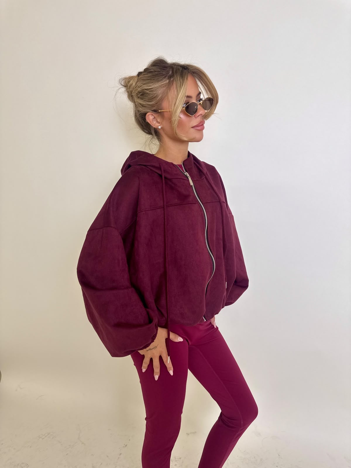 Suede hood bomber jacket - wine