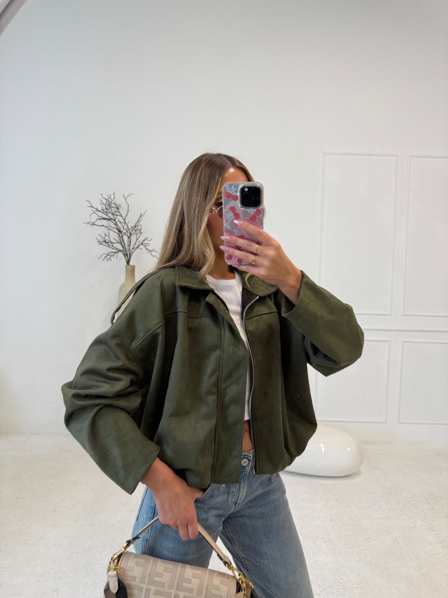 Suede zip jacket - khaki