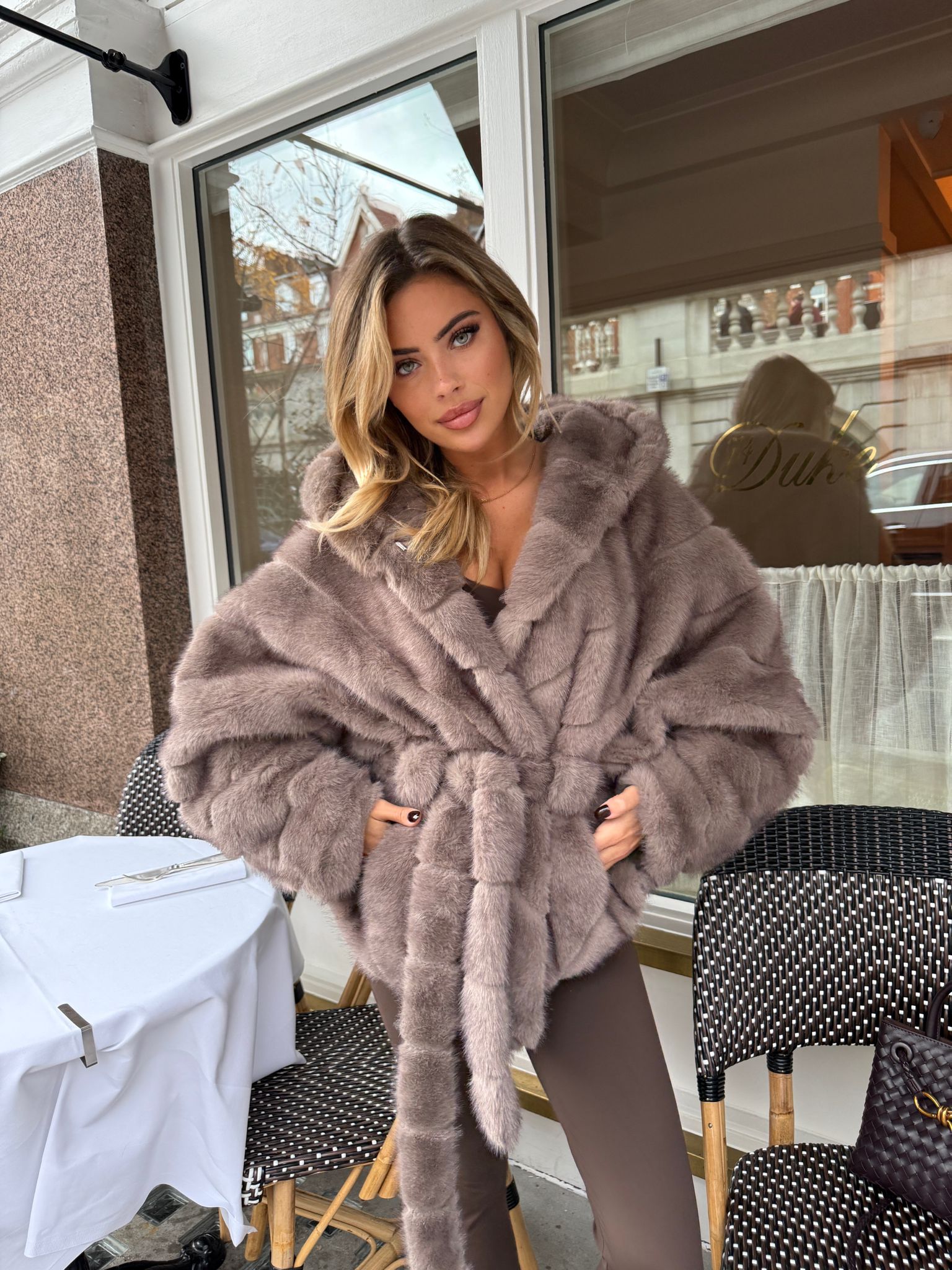 Luxury belt Faux Fur Coat - taupe