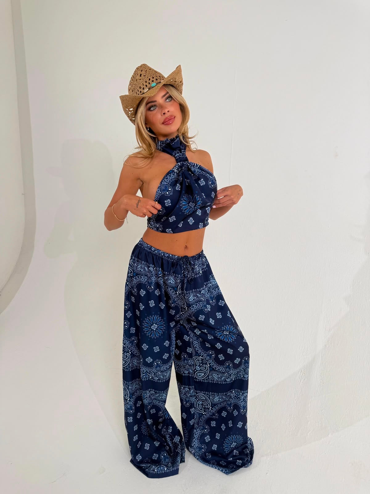 Bandana halter neck trouser set - navy