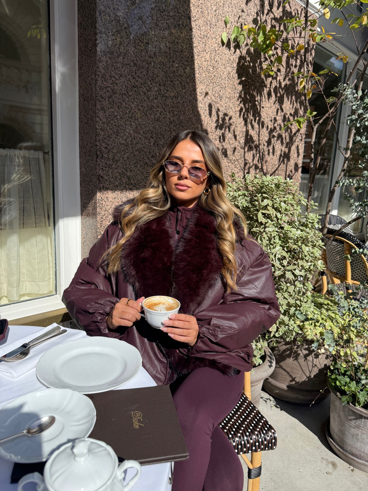 Faux fur leather coat - burgundy