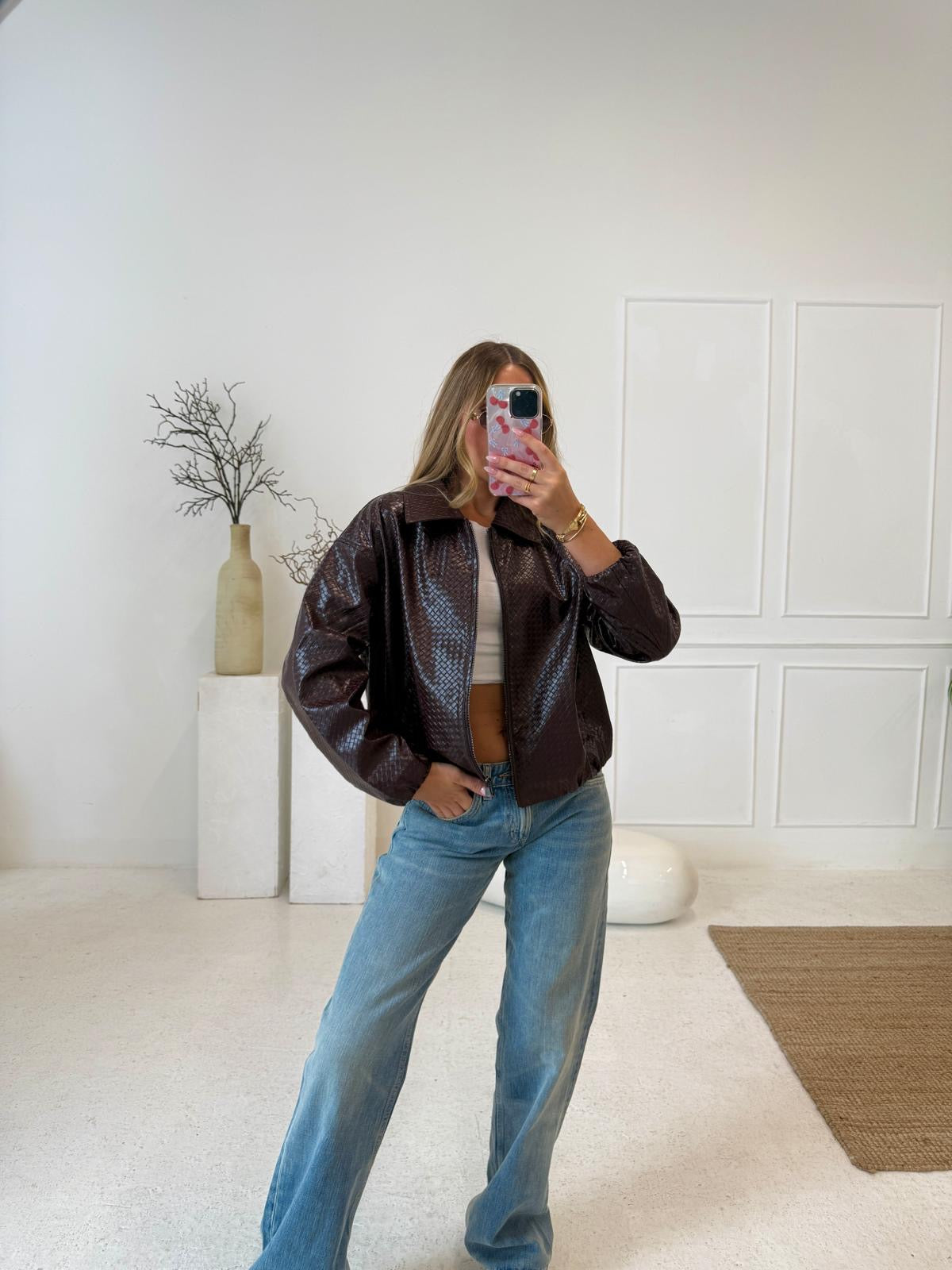 Faux leather texture collar jacket