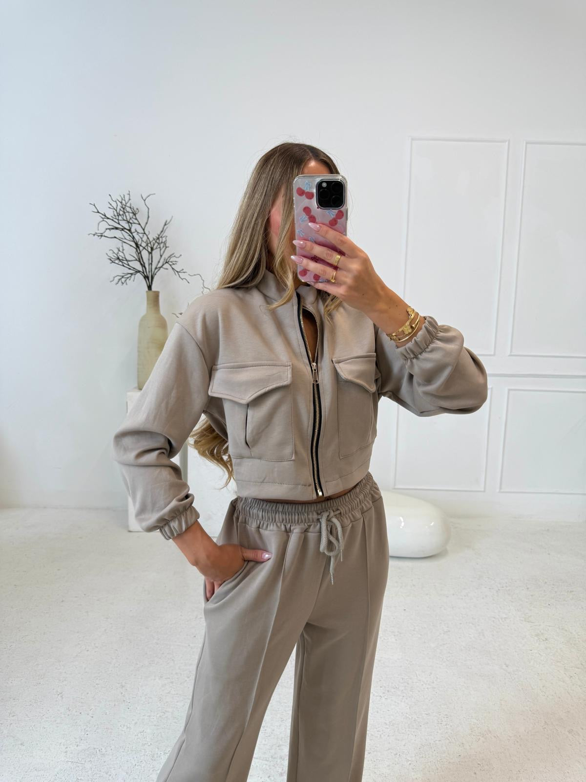 Gold zip pocket tracksuit - taupe