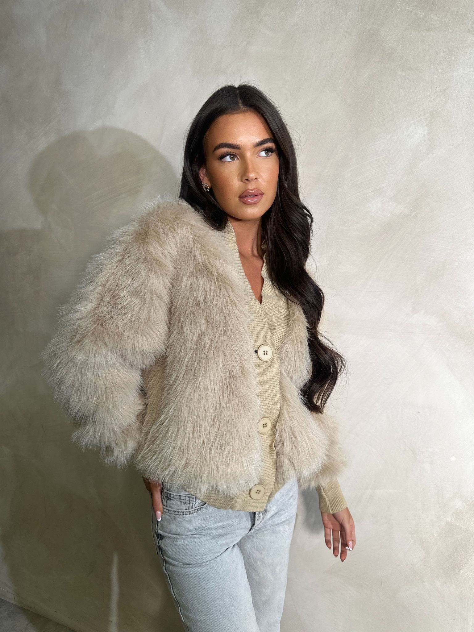 Luxury Faux Fur Cardigan - beige