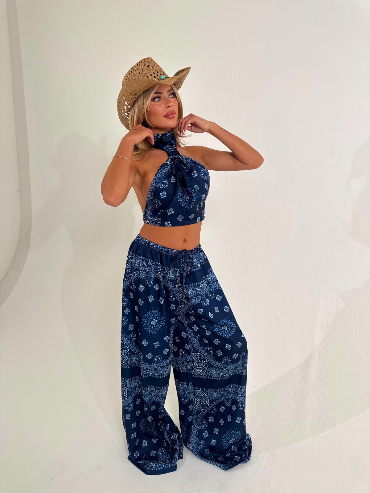Bandana halter neck trouser set - navy