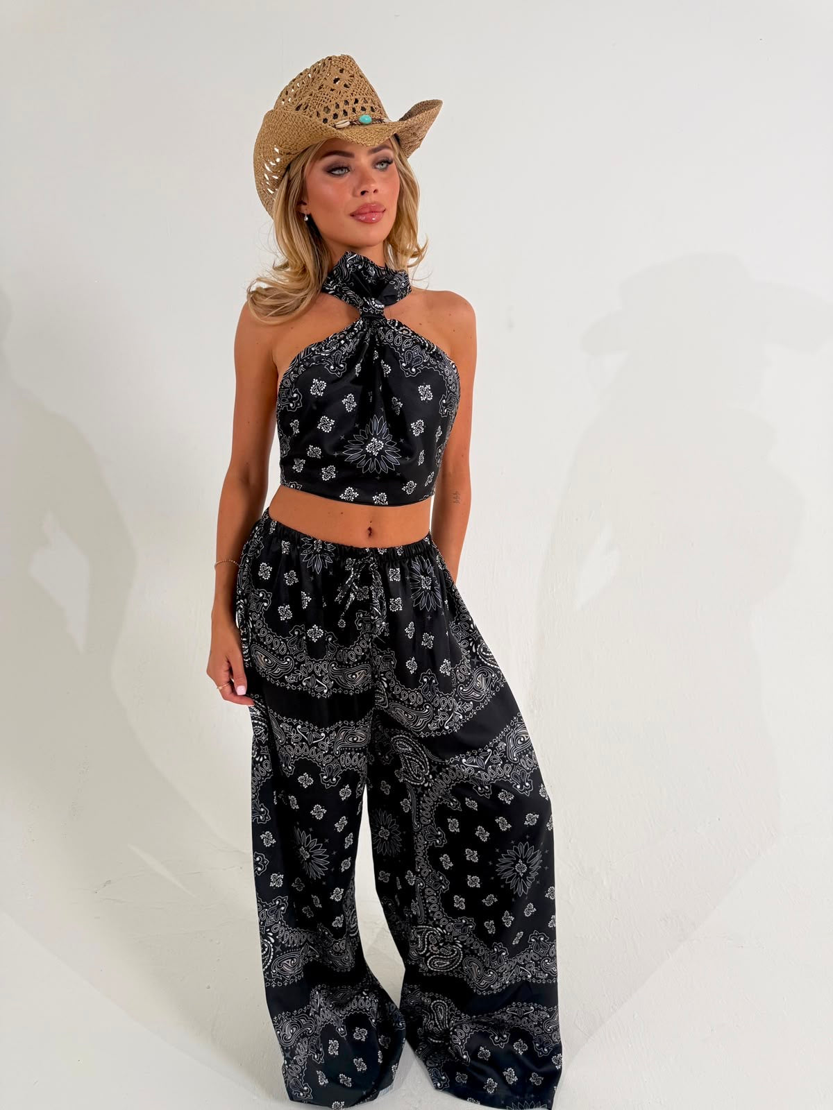 Bandana halter neck trouser set - black
