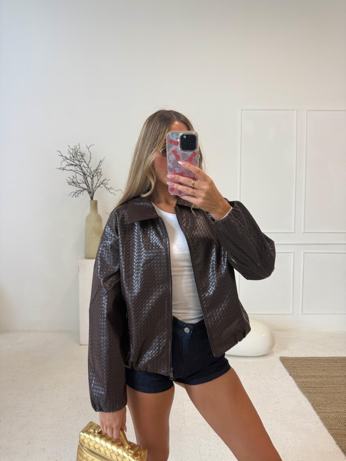 Faux leather texture collar jacket