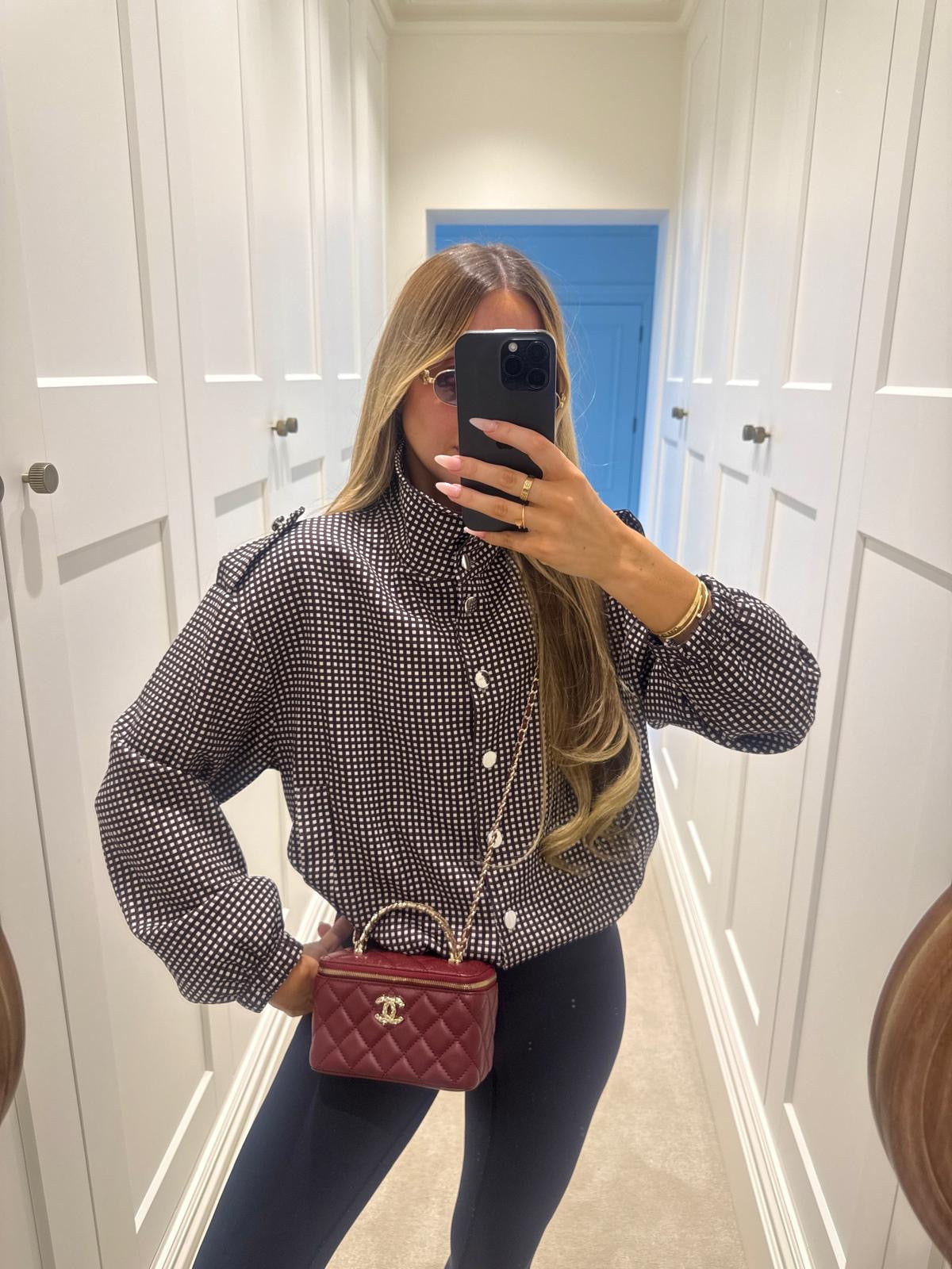 Silver button gingham jacket - wine