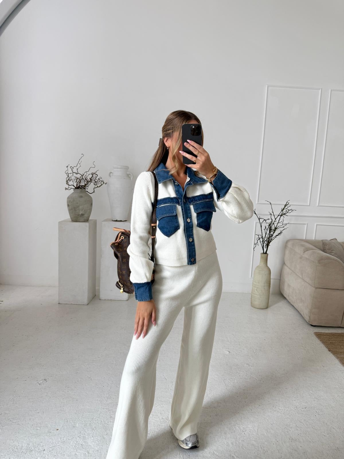 Collar Knit Denim Lounge Set - Cream