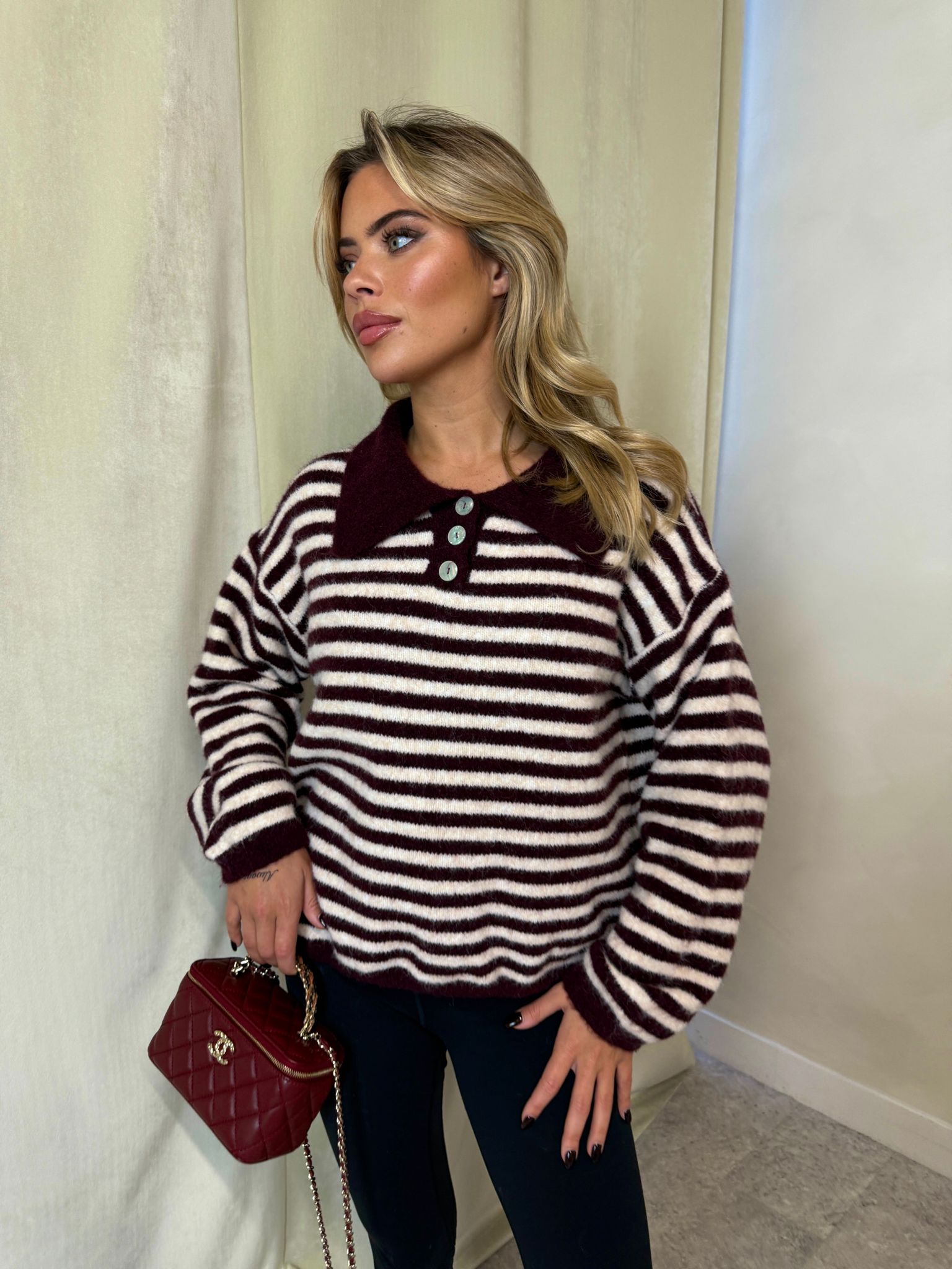 Stripe knit collar top - burgundy