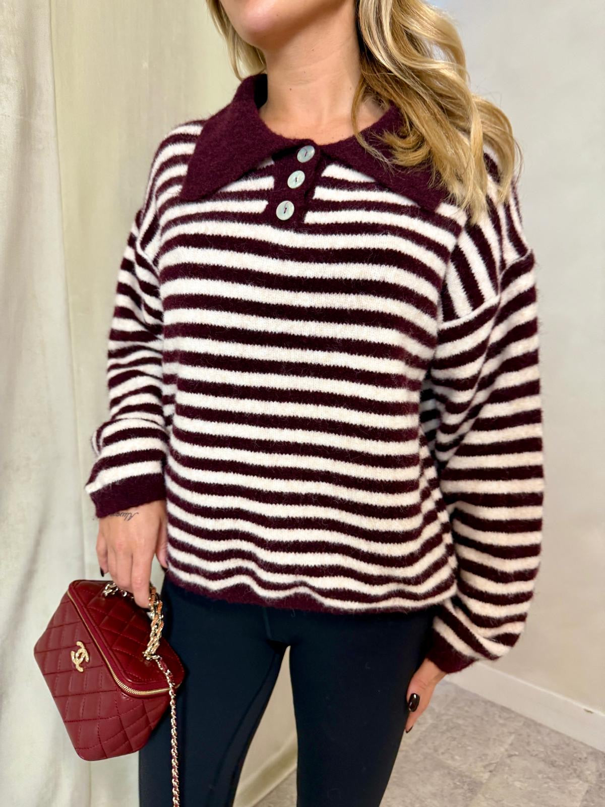 Stripe knit collar top - burgundy