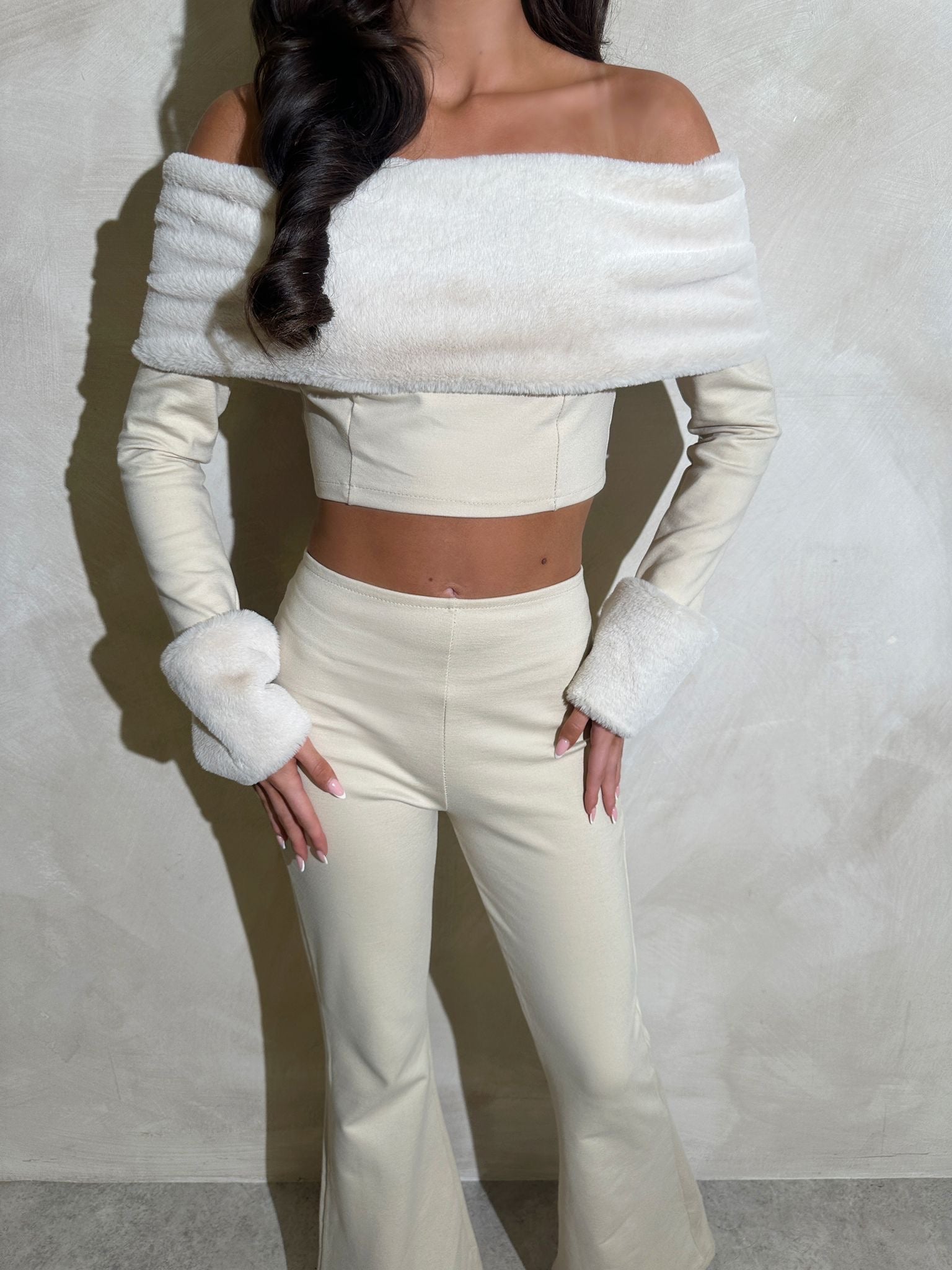 Fur off shoulder co-ord - cream