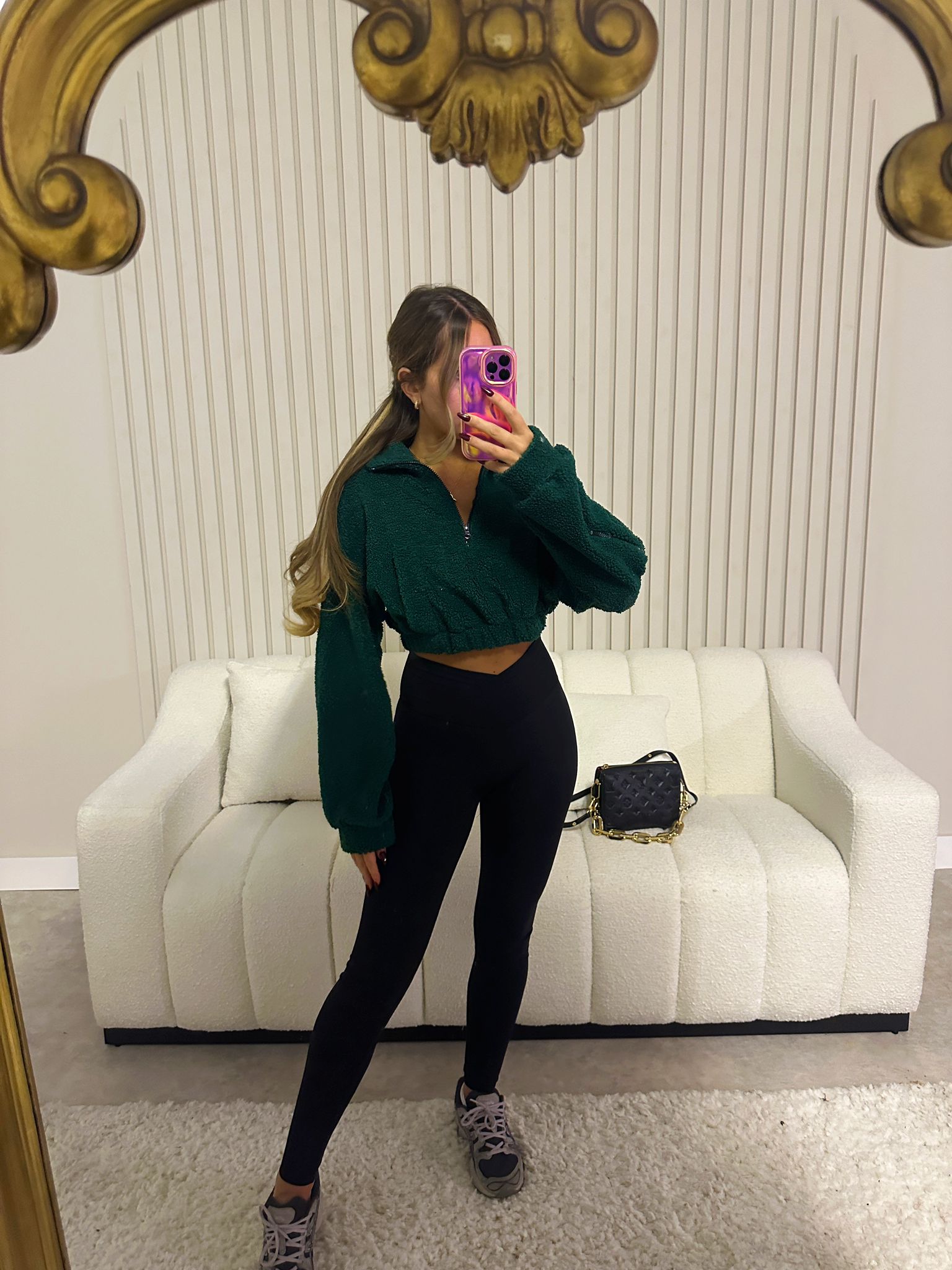 Cropped half zip Teddy jumper - green