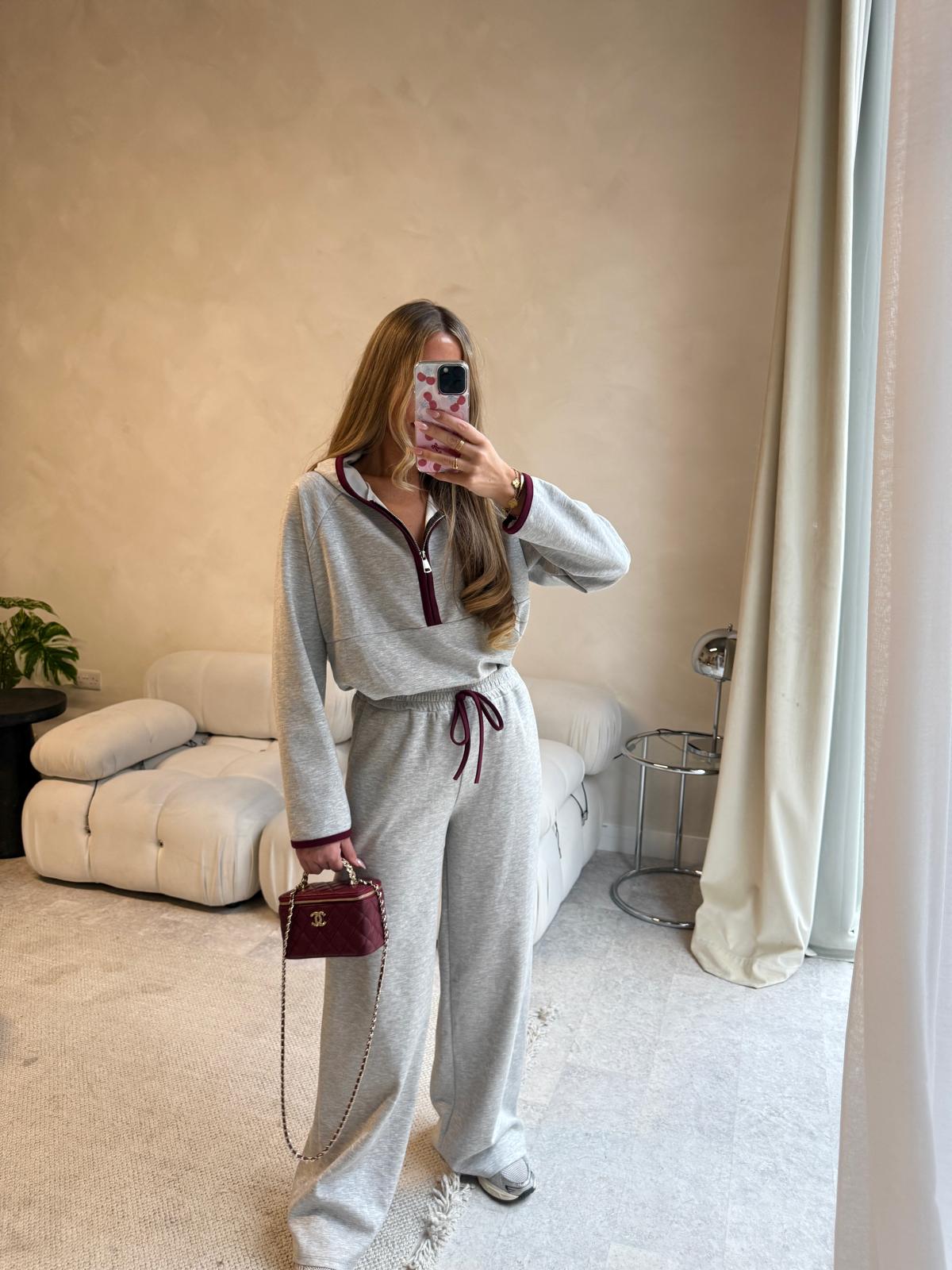Half zip contrast tracksuit - grey & Burgundy
