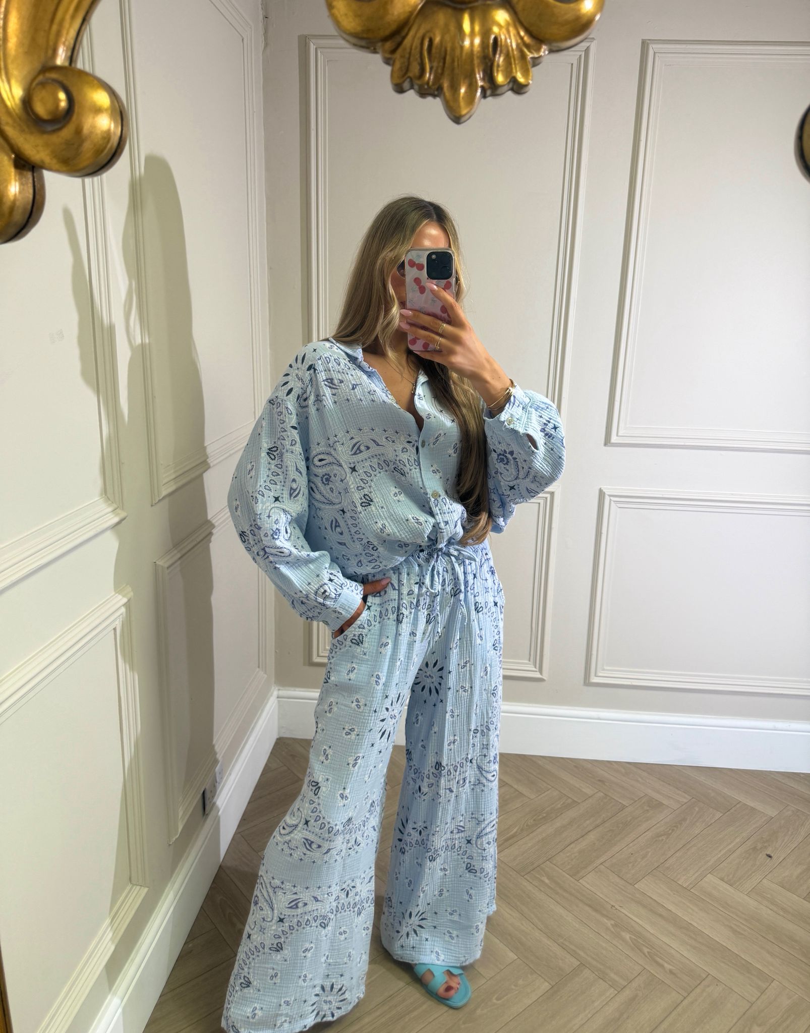 Bandana linen trouser set - blue