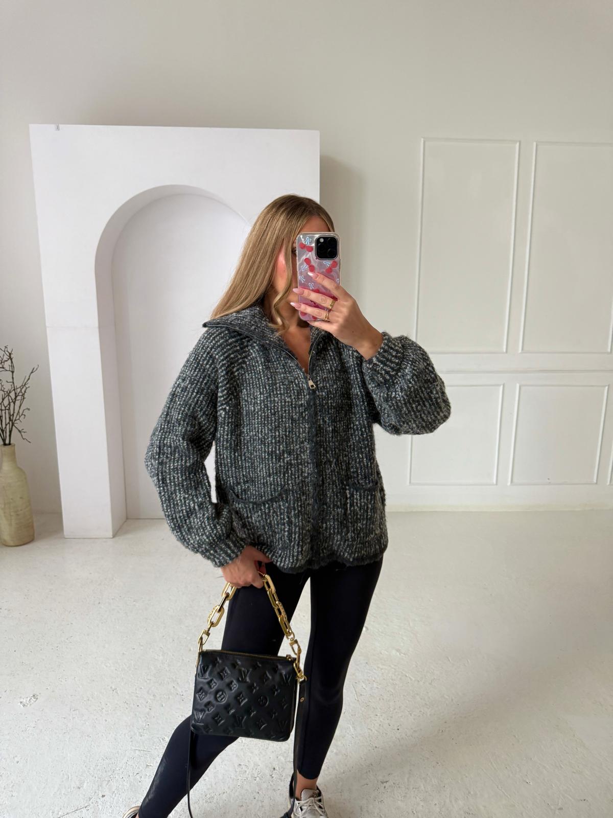 Chunky knit zip cardigan - grey