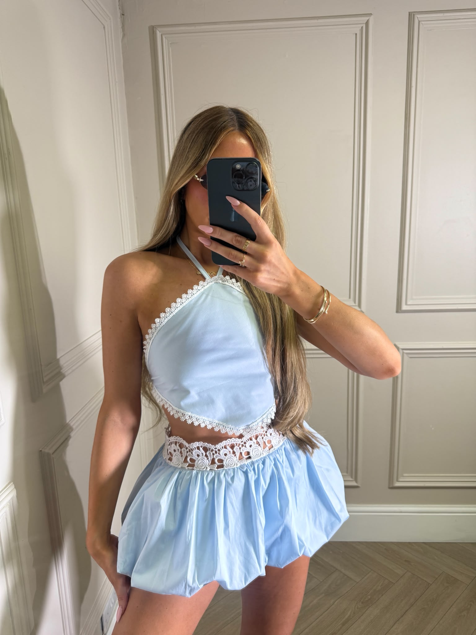 Tie crochet puff co-ord - blue