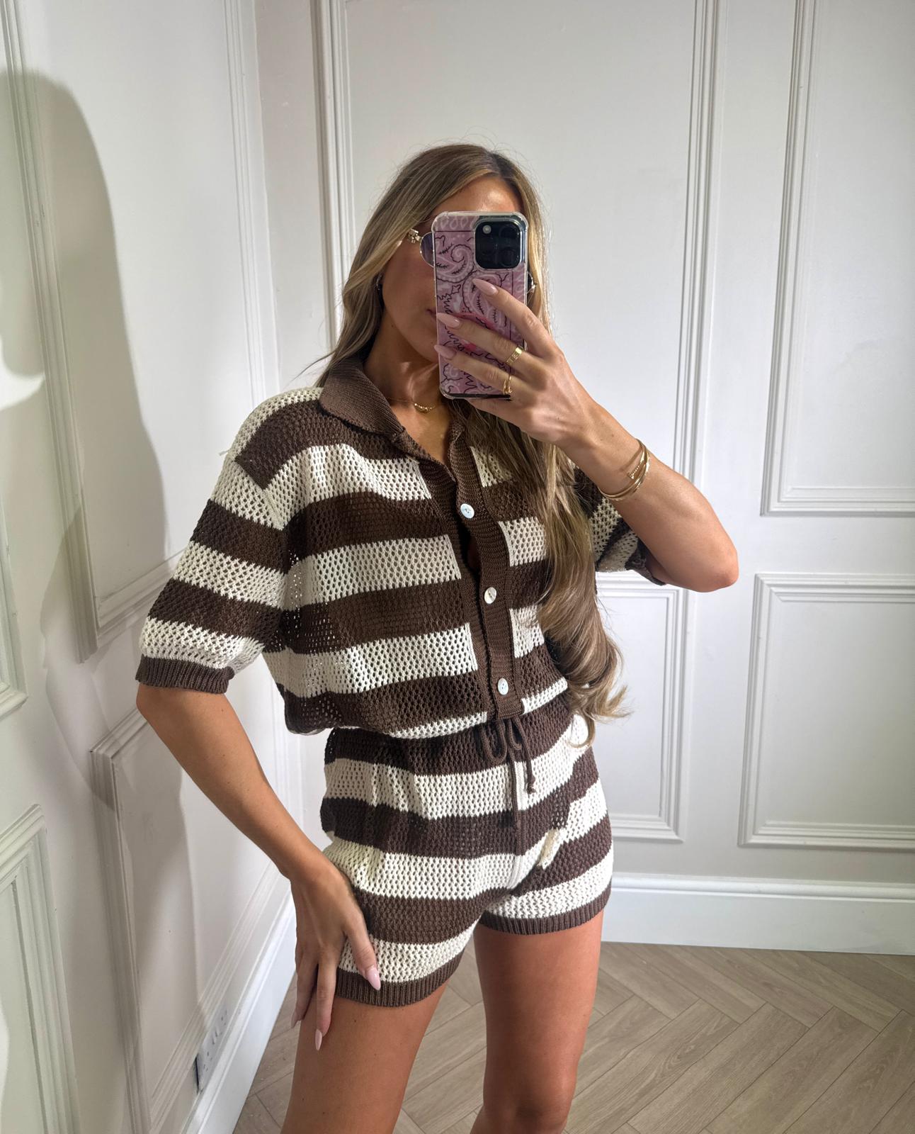 Stripe crochet short set - brown