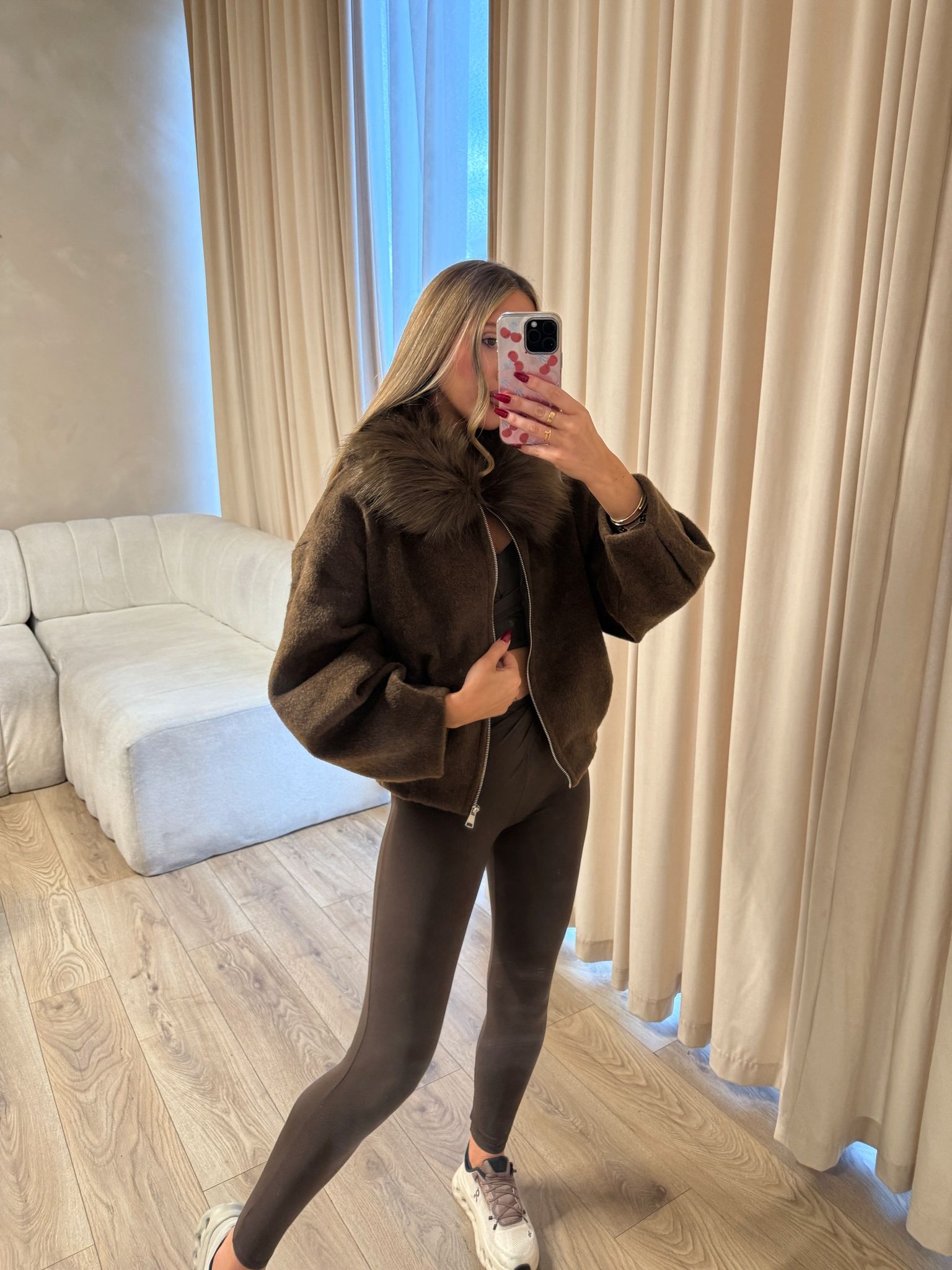 FIFI fur collar jacket - brown