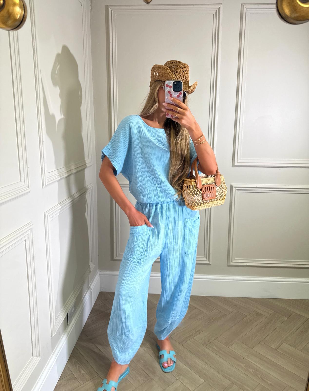 Cheesecloth trouser tshirt set - blue