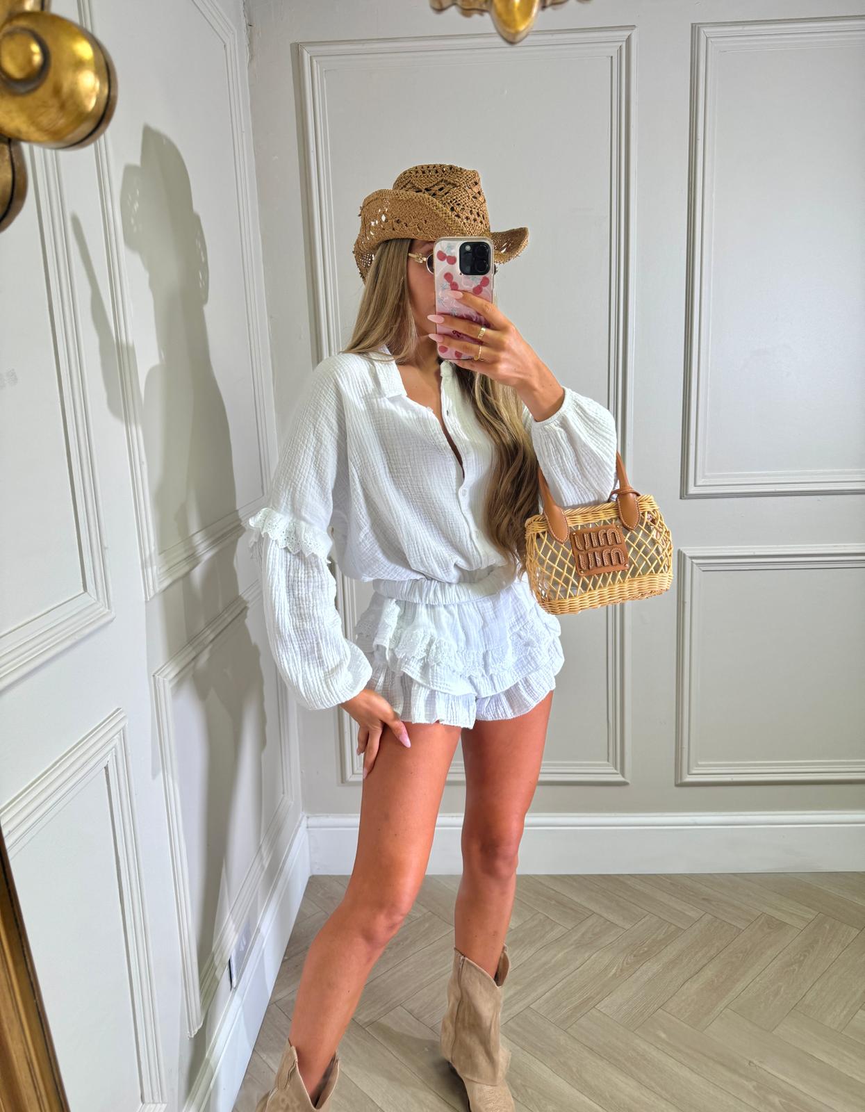 Grandad collar cheesecloth co-ord - white