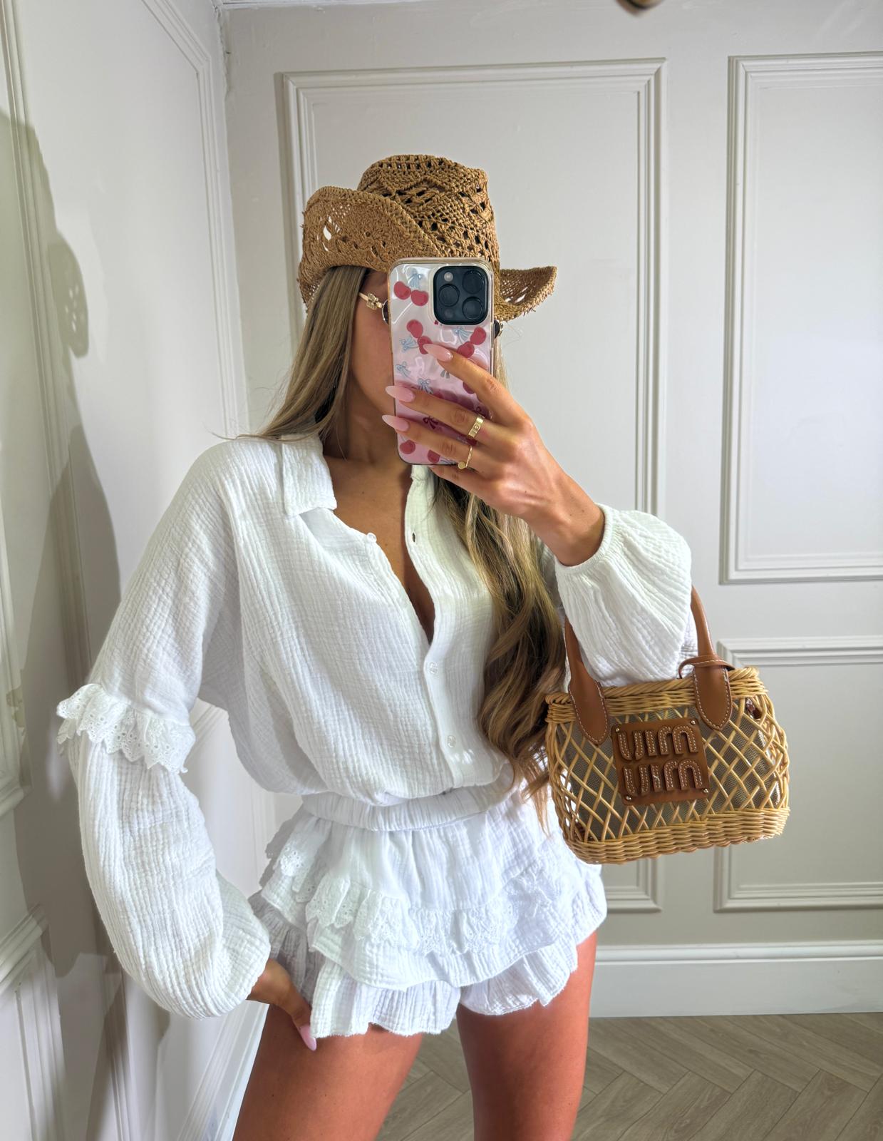 Grandad collar cheesecloth co-ord - white