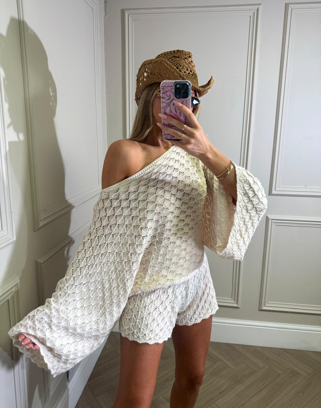 Off shoulder crochet co-ord - cream