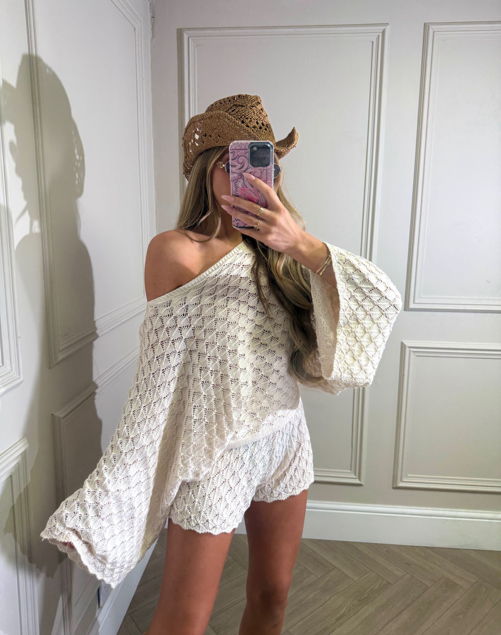 Off shoulder crochet co-ord - cream