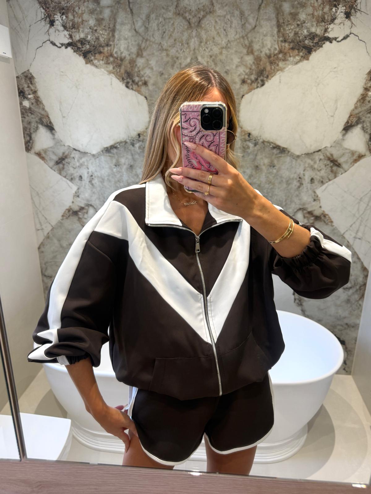 Panel jacket with matching shorts - brown