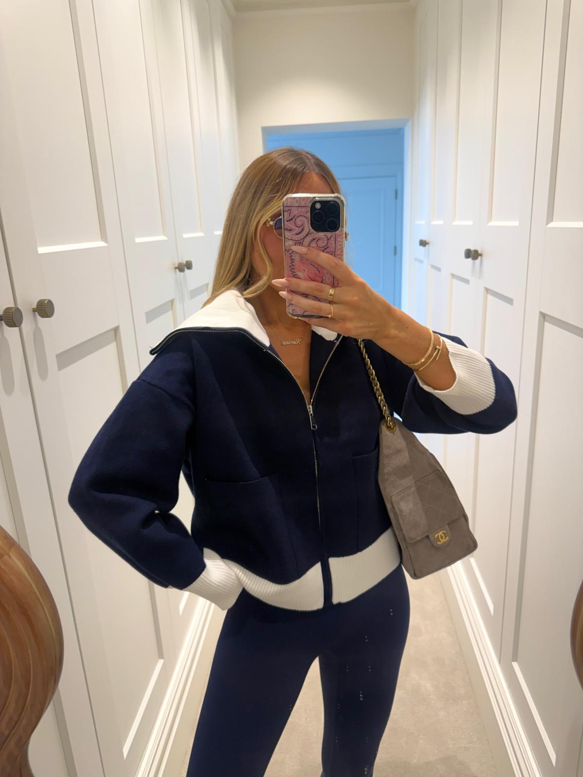 Knit cardigan jacket - navy & cream