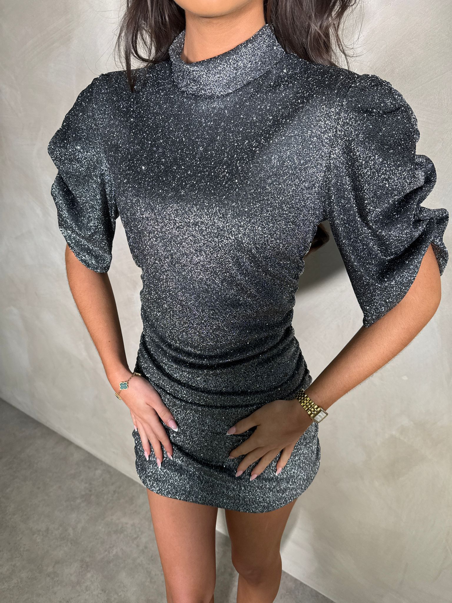 Glitter Puff Arm Dress - Grey