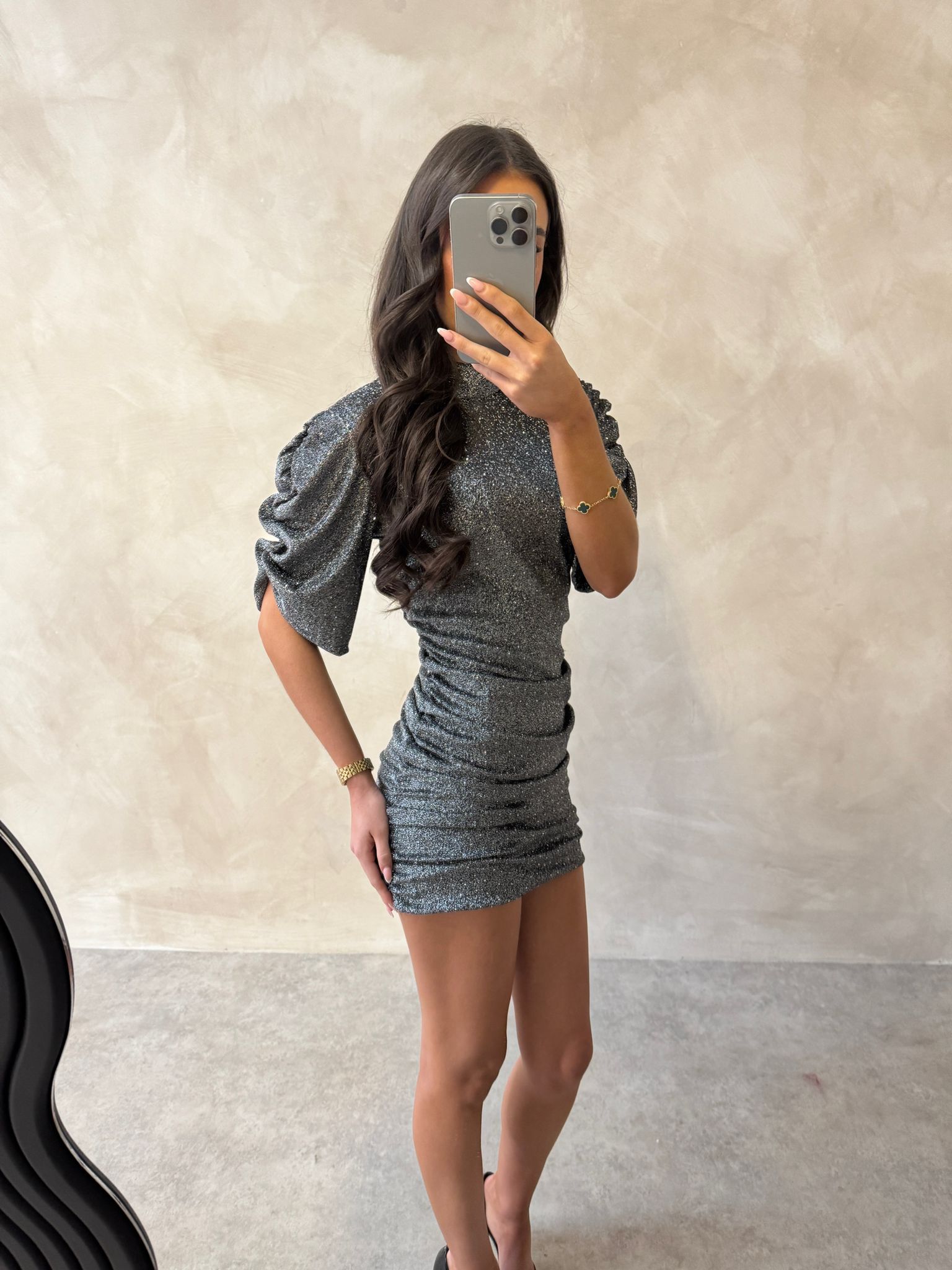 Glitter Puff Arm Dress - Grey