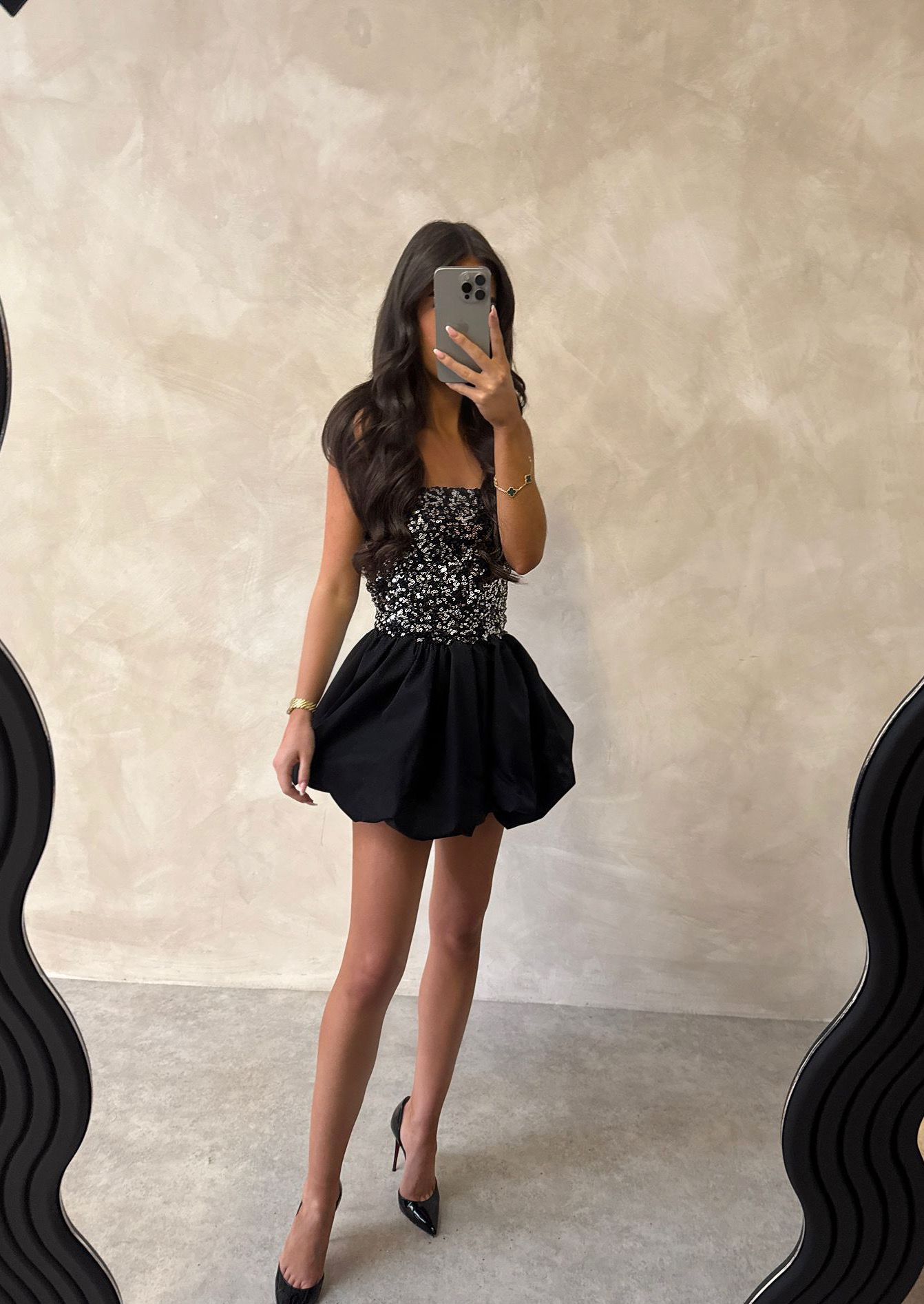 Black Sequin Puff Ball Dress