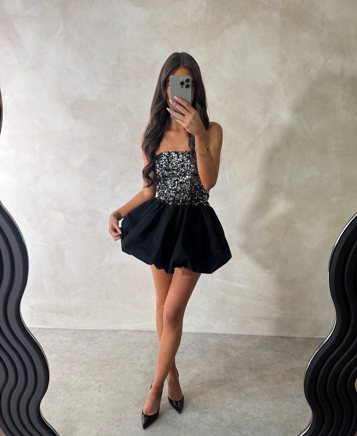 Black Sequin Puff Ball Dress