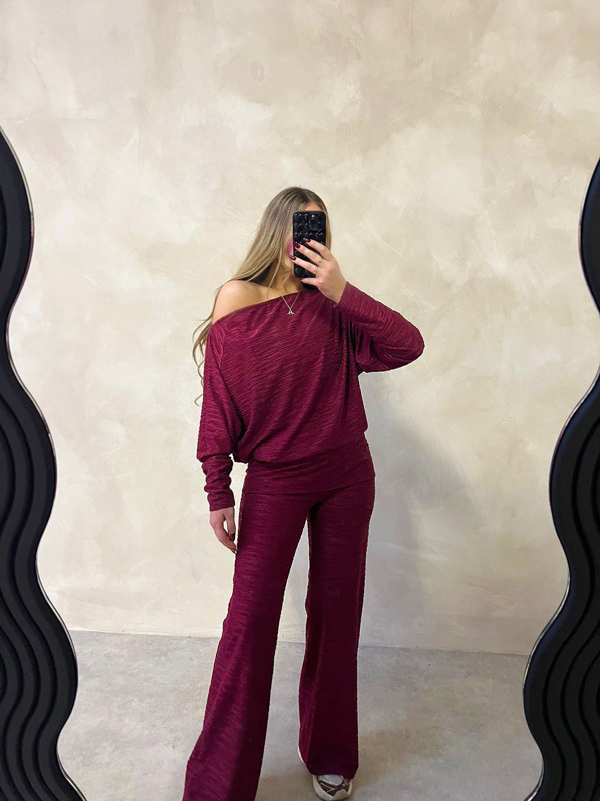 Off shoulder stripe towelling set - Burgundy